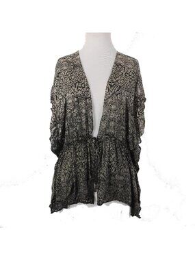 Chicos Wrap Sz M Brown Black Drawstring Closure Rayon Silk Nylon Wrap